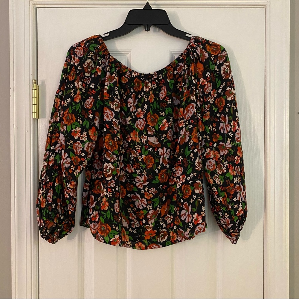 Zara Off Shoulder Floral Blouse XS NWT Candice Boho Long Sleeve Top Black Red